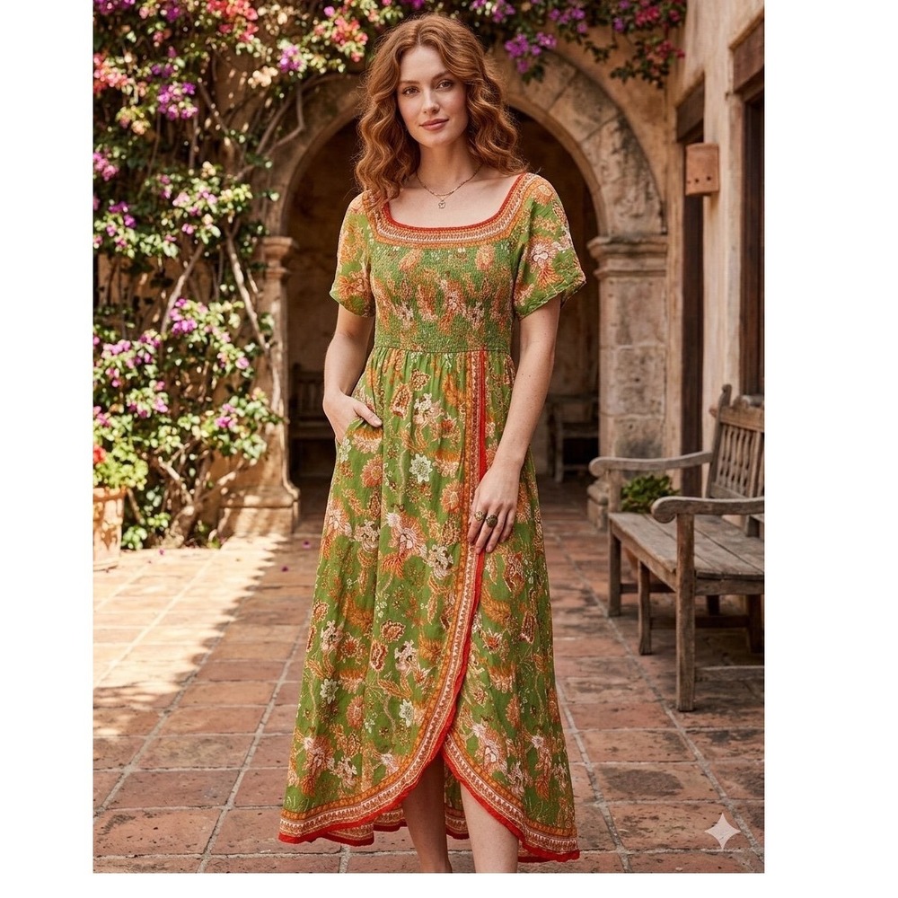 Flying Tomato Green Floral Smocked Maxi Dress Square Neck Boho L Cottagecore